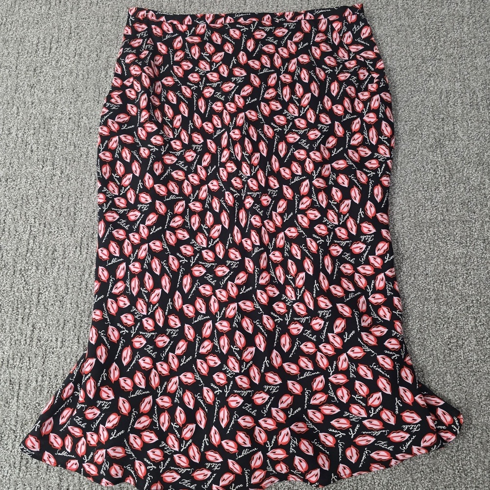 Alain Manoukian 100% Silk Lips Print‎ Midi Skirt Black Red Size 38 Parisian Chic